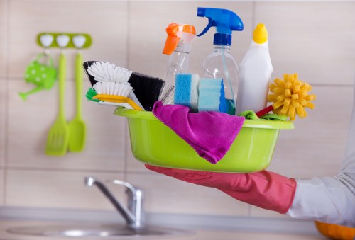 Carpet cleaning technician preparing a safe cleaning setup